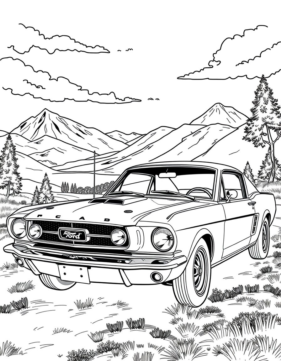 A vintage Ford Mustang in a scenic backdrop