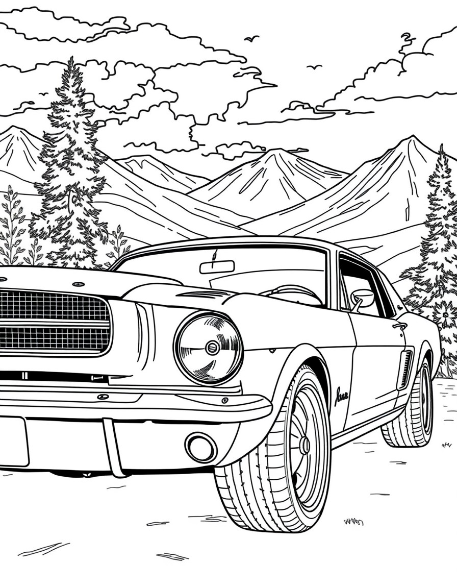 A vintage Ford Mustang in a scenic backdrop