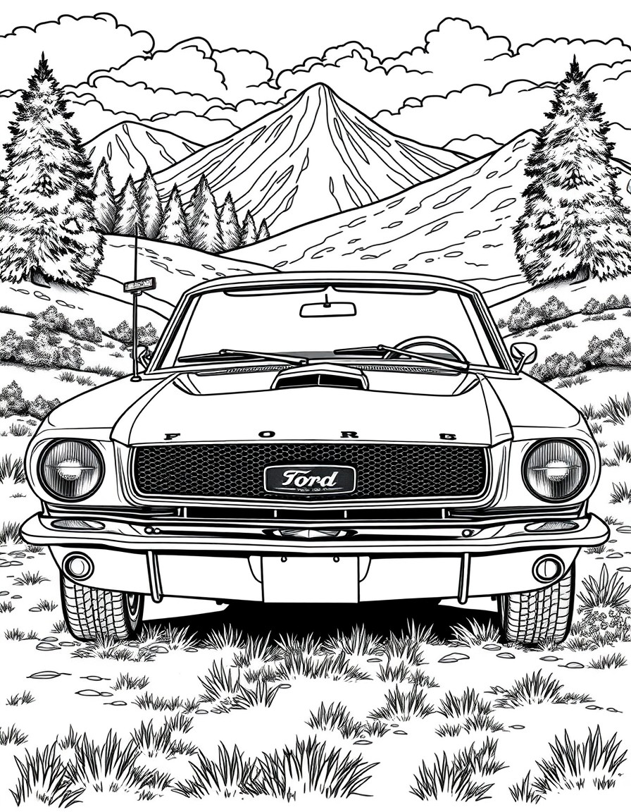 A vintage Ford Mustang in a scenic backdrop