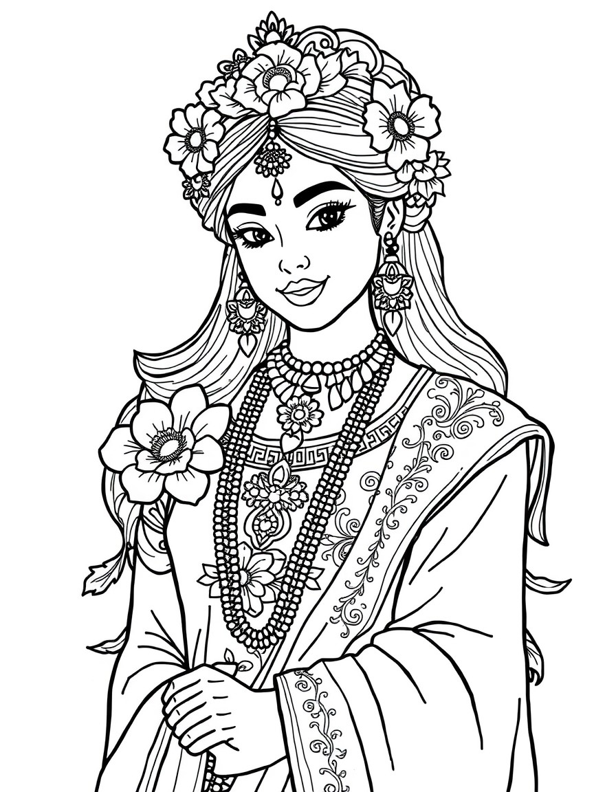 Color a beautiful figure wearing traditional attire with floral decorations.