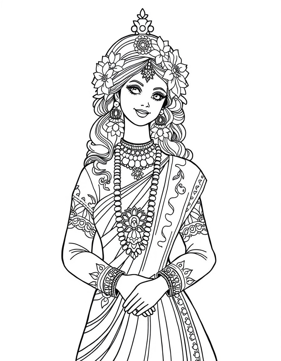 Color a beautiful figure wearing traditional attire with floral decorations.