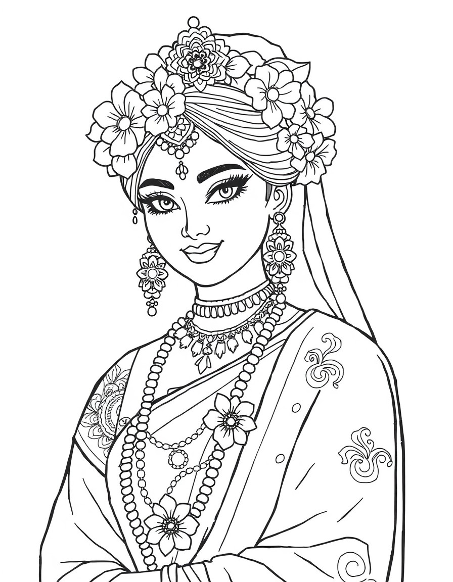 Color a beautiful figure wearing traditional attire with floral decorations.