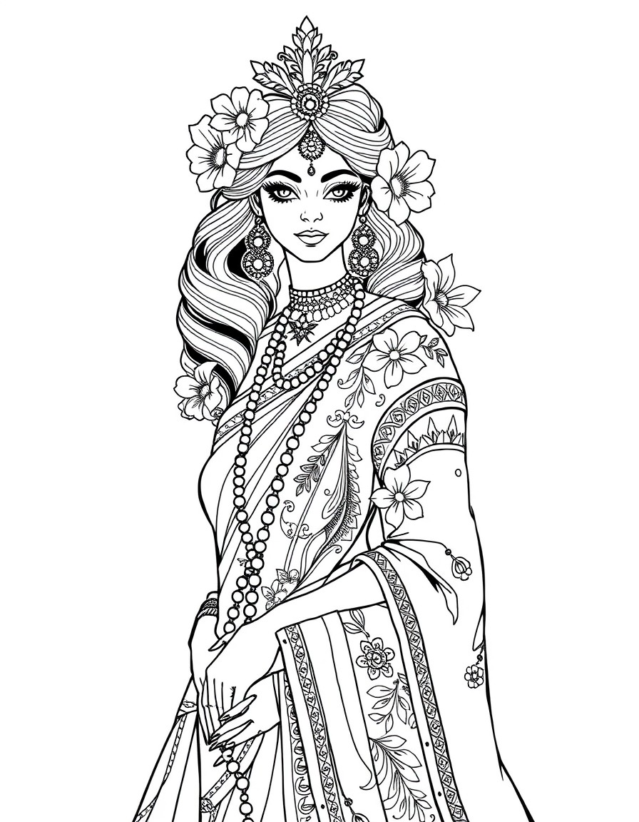 Color a beautiful figure wearing traditional attire with floral decorations.