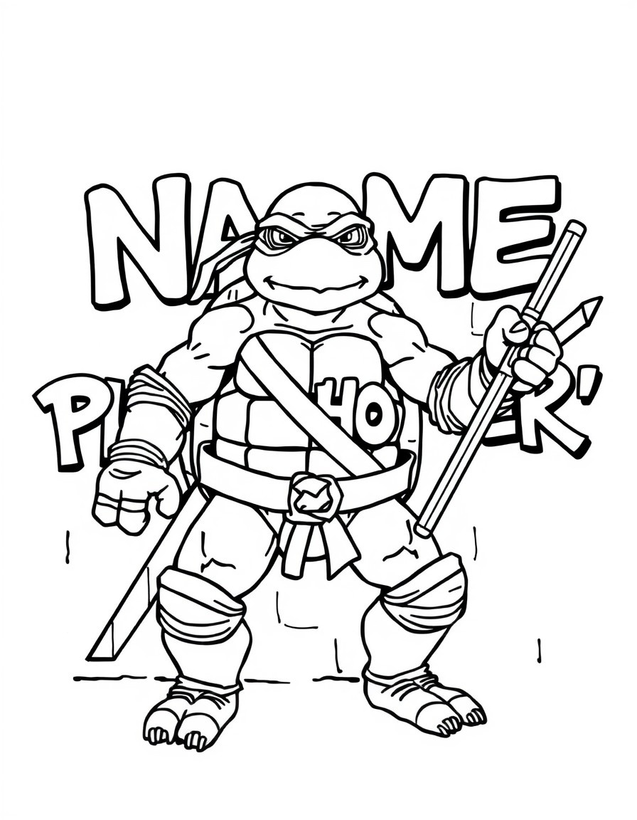 A ninja turtle with a wall that spells 'NAME_PLACEHOLDER'" in bold graffiti letters