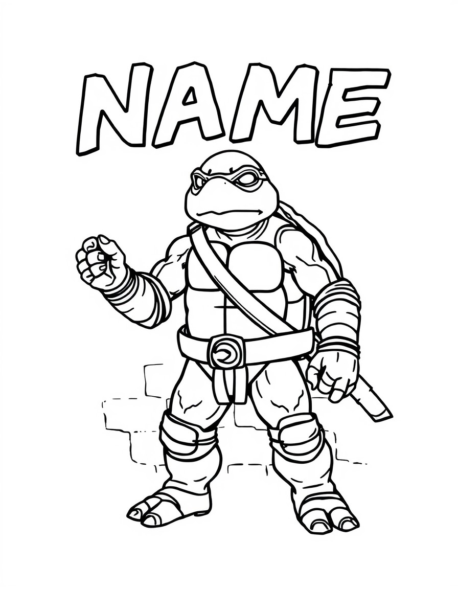 A ninja turtle with a wall that spells 'NAME_PLACEHOLDER'" in bold graffiti letters