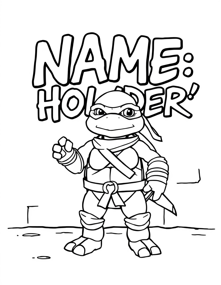 A cute ninja turtle standing in front of a wall that has the text 'NAME_PLACEHOLDER'" in clear bold graffiti letters