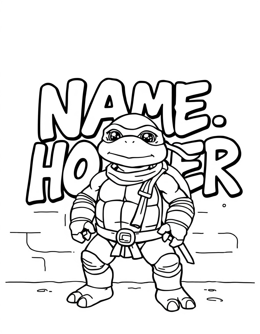 A cute ninja turtle standing in front of a wall that has the text 'NAME_PLACEHOLDER'" in clear bold graffiti letters