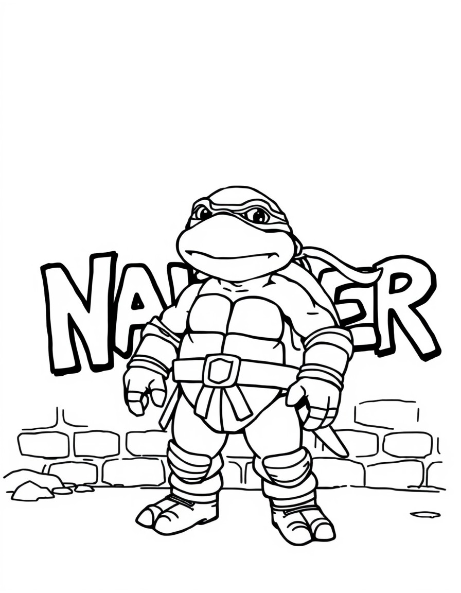 A cute ninja turtle standing in front of a wall that has the text 'NAME_PLACEHOLDER'" in clear bold graffiti letters