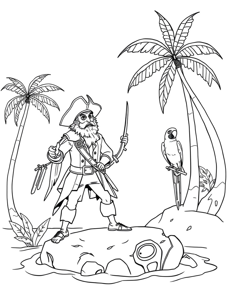 Pirate treasure hunt on a tropical island with cheerful parrots