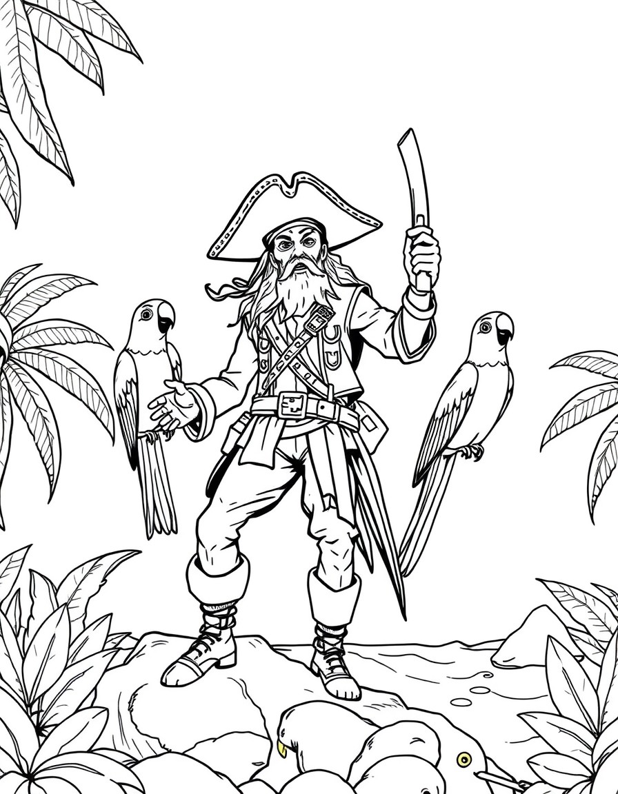 Pirate treasure hunt on a tropical island with cheerful parrots