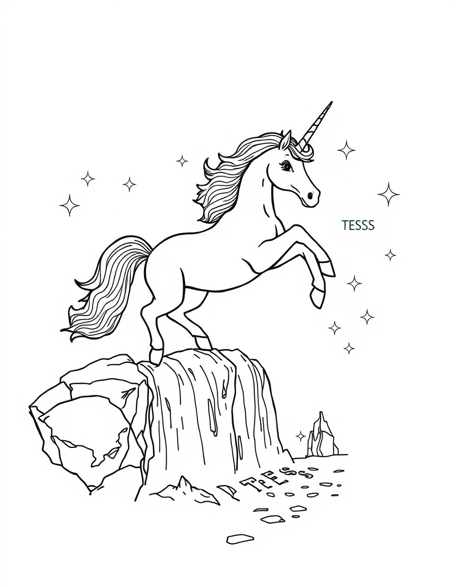 A playful unicorn leaping over a crystal-clear waterfall while sparkles form the word 'TESS' in the mist