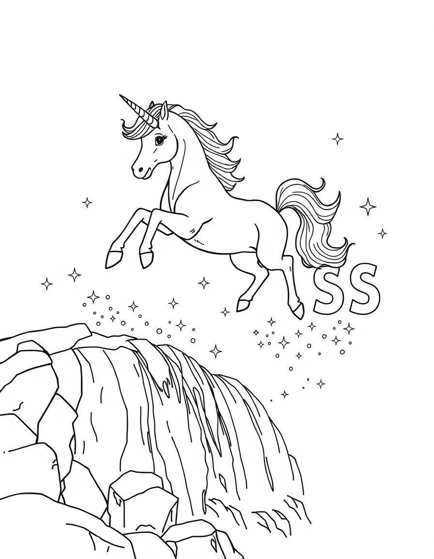 A playful unicorn leaping over a crystal-clear waterfall while sparkles form the word 'TESS' in the mist