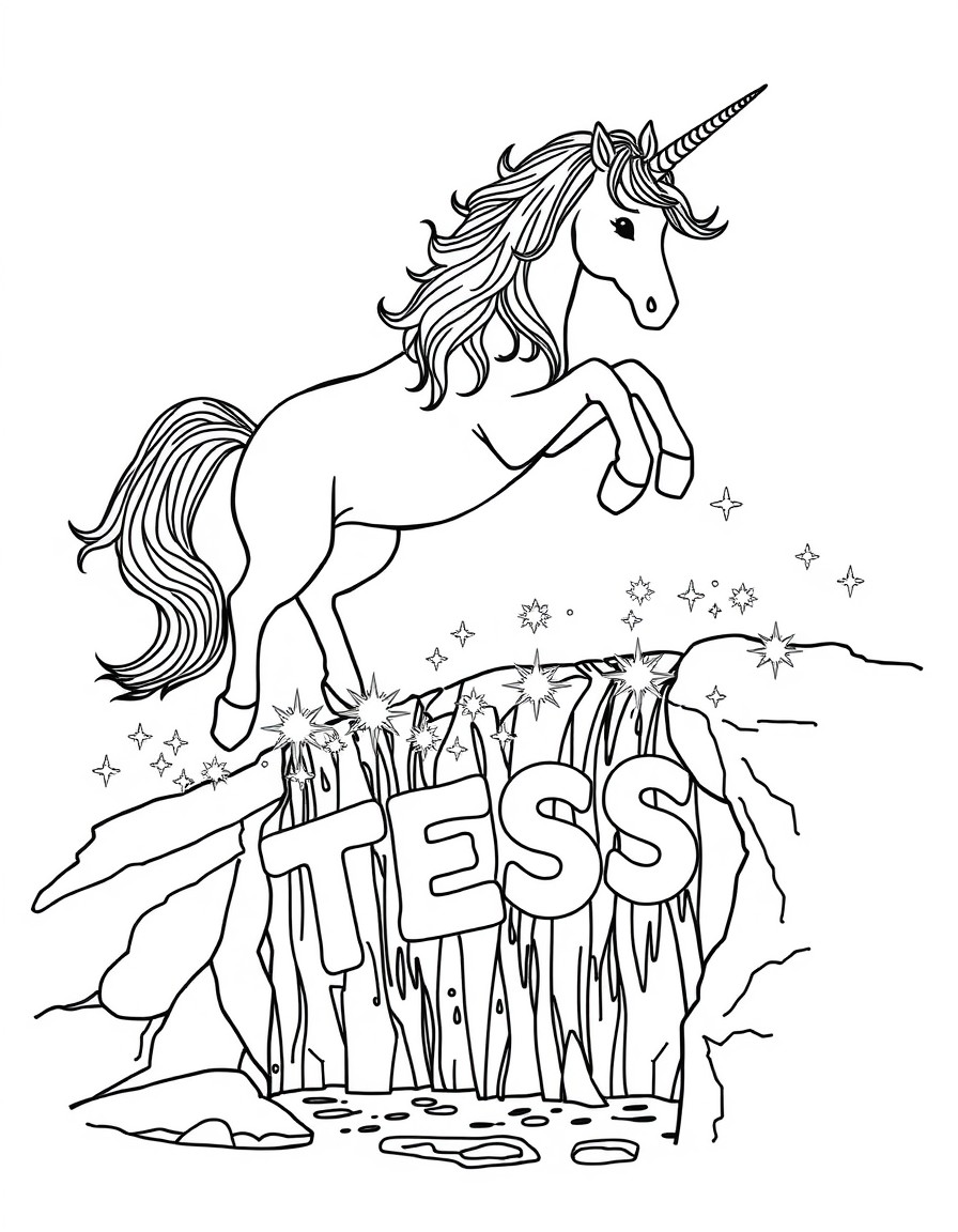 A playful unicorn leaping over a crystal-clear waterfall while sparkles form the word 'TESS' in the mist