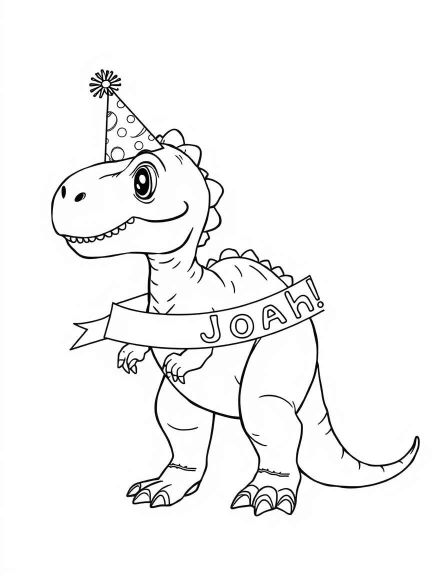 A baby dinosaur wearing a party hat with a banner that spells out 'Congratz Joah!'