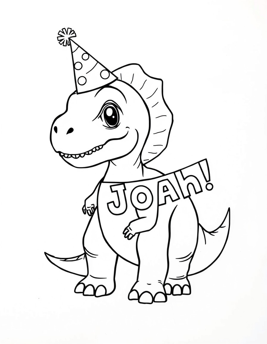 A baby dinosaur wearing a party hat with a banner that spells out 'Congratz Joah!'