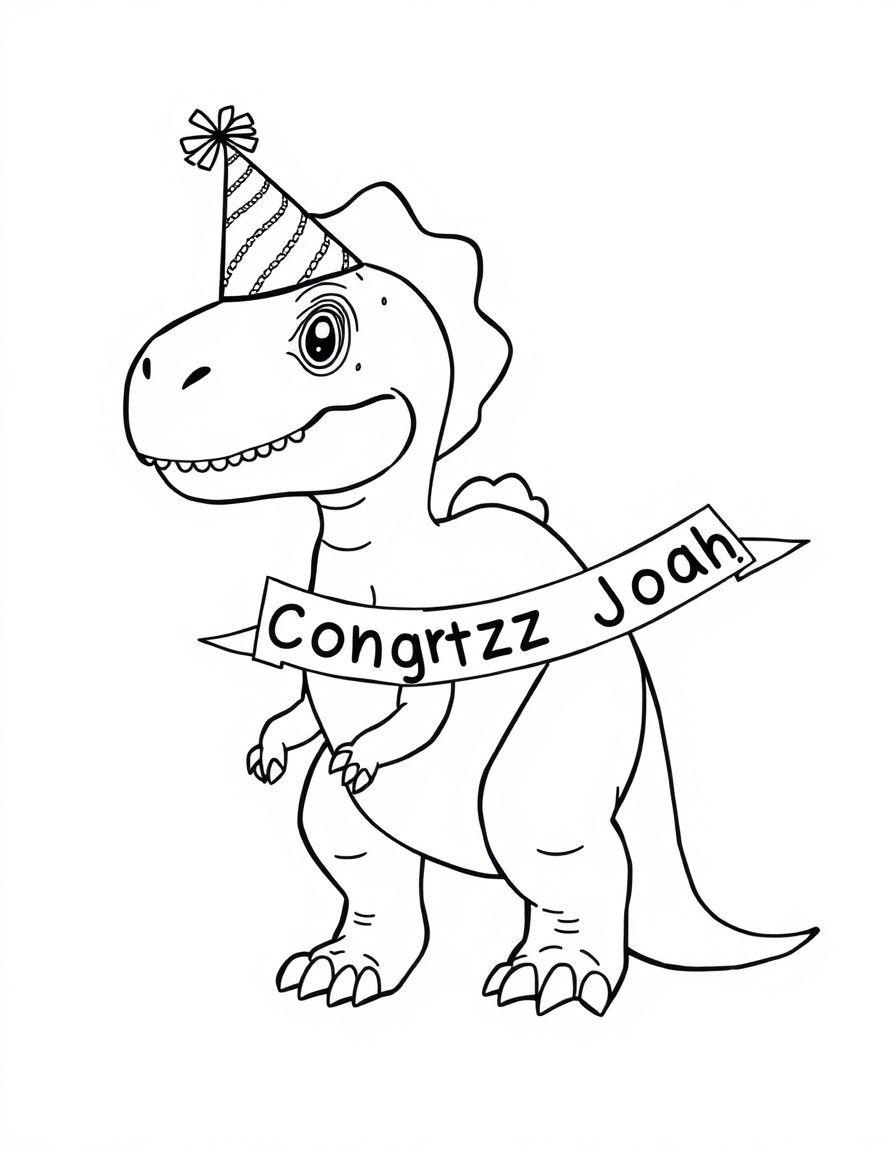 A baby dinosaur wearing a party hat with a banner that spells out 'Congratz Joah!'