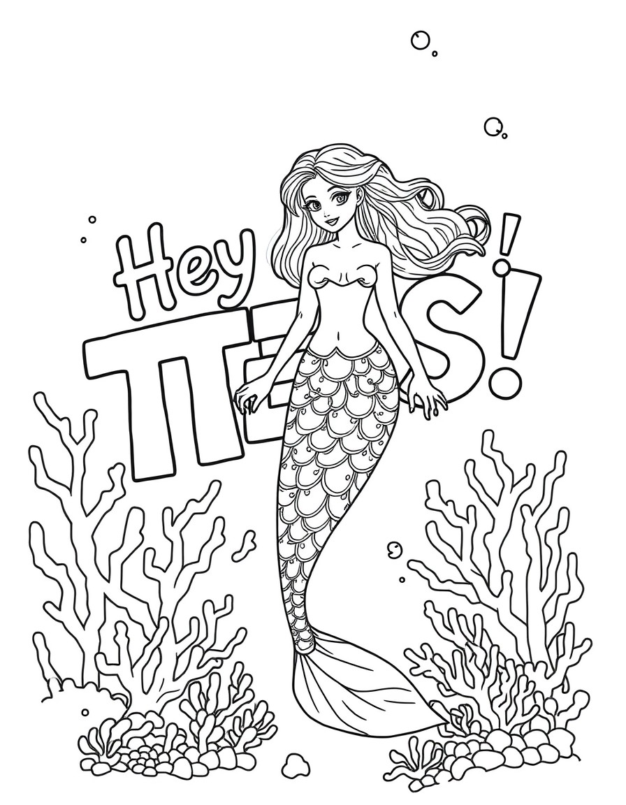 A mermaid city under the sea where coral columns form the letters 'Hey TESS!'