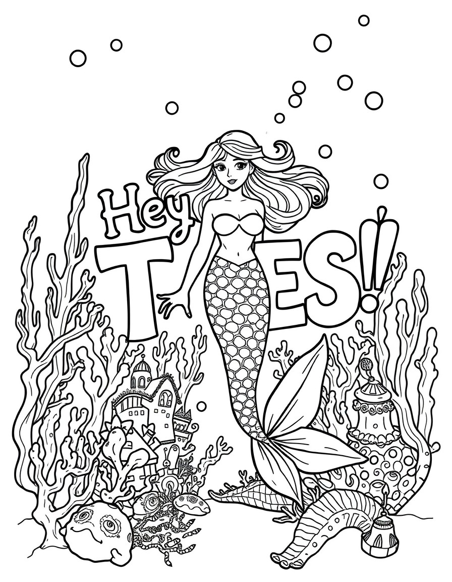 A mermaid city under the sea where coral columns form the letters 'Hey TESS!'