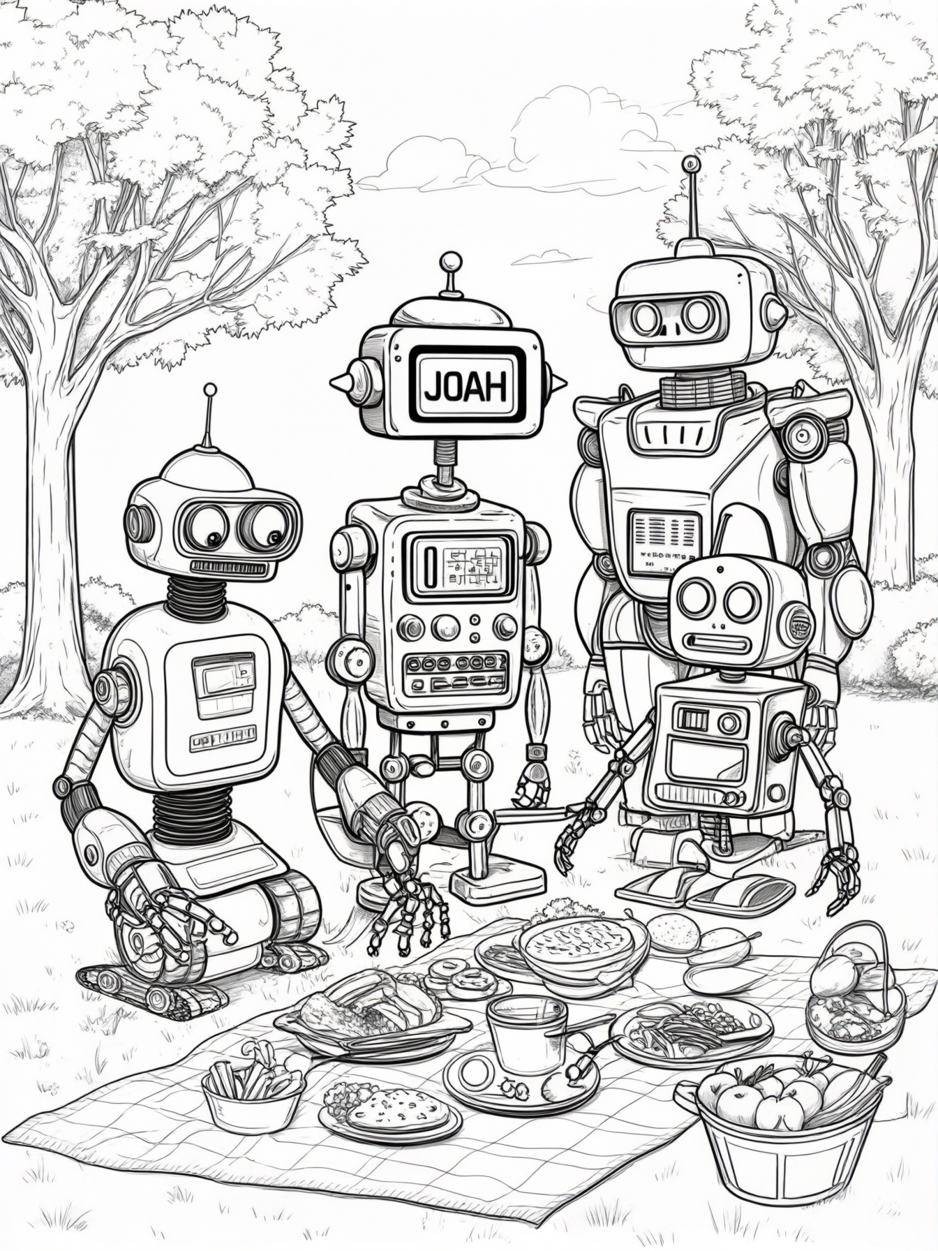 A group of robots having a picnic in a park with a digital sign reading 'JOAH'