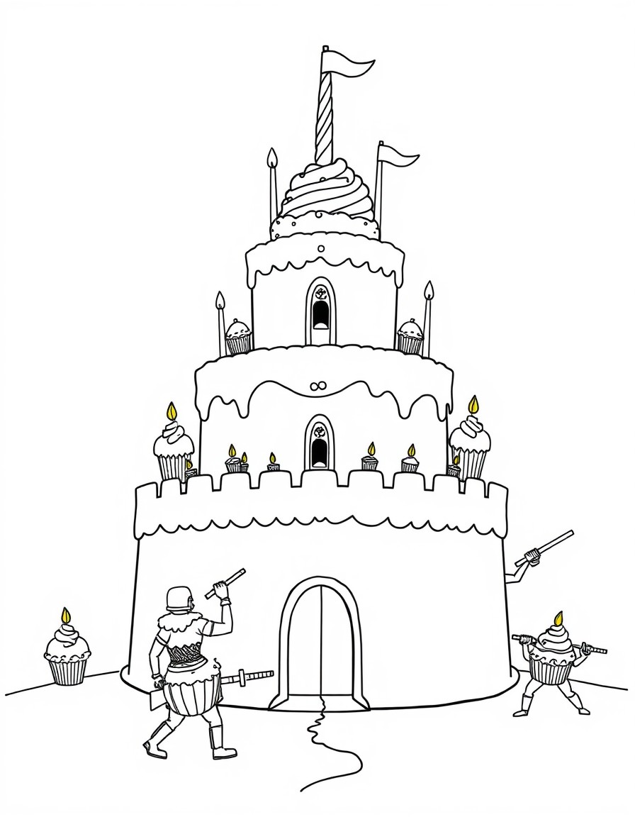 A giant birthday cake fortress defended by cupcake warriors and sprinkle cannons