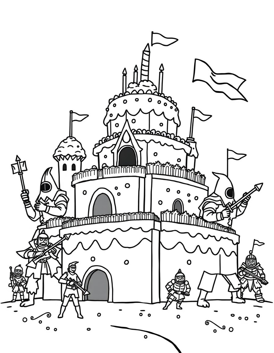 A giant birthday cake fortress defended by cupcake warriors and sprinkle cannons