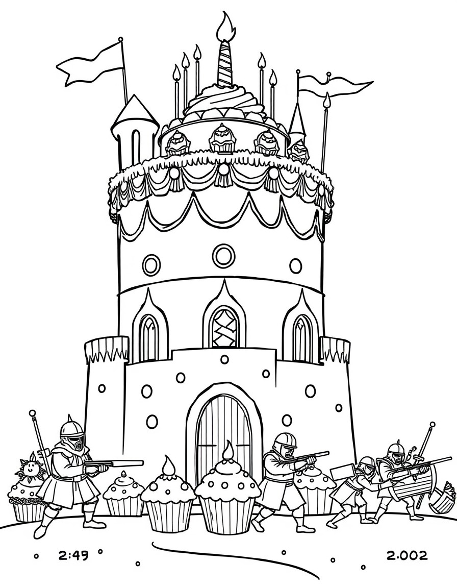 A giant birthday cake fortress defended by cupcake warriors and sprinkle cannons