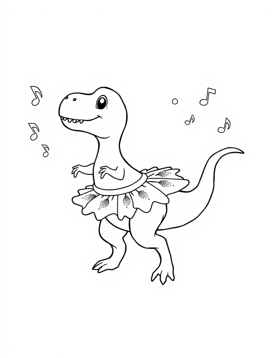 A baby dinosaur practicing ballet with sparkly tutus and musical notes