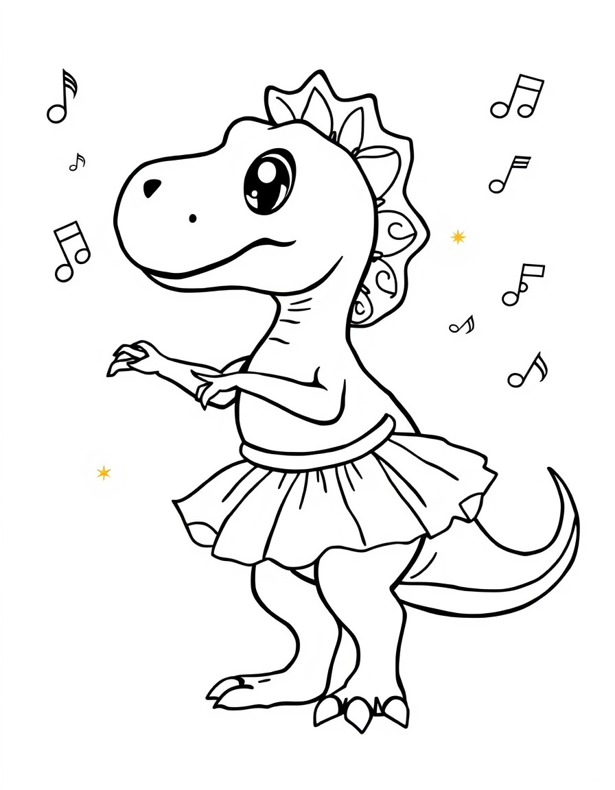 A baby dinosaur practicing ballet with sparkly tutus and musical notes