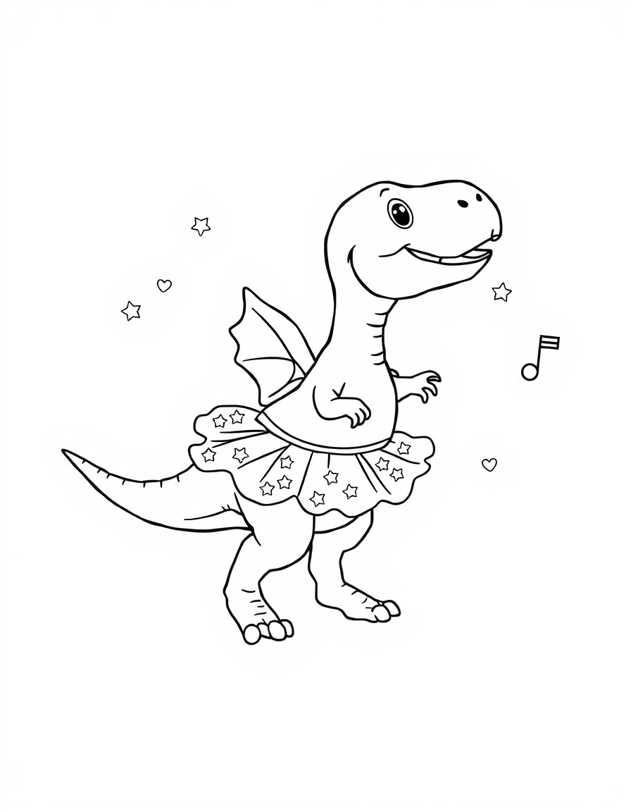 A baby dinosaur practicing ballet with sparkly tutus and musical notes