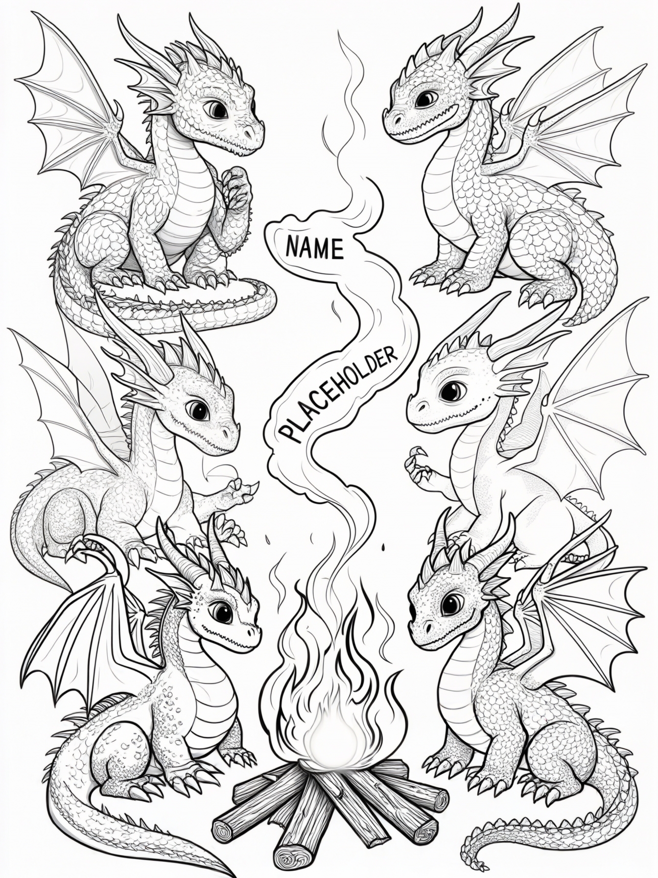 A squad of baby dragons roasting marshmallows around a campfire that spells 'NAME_PLACEHOLDER' in smoke