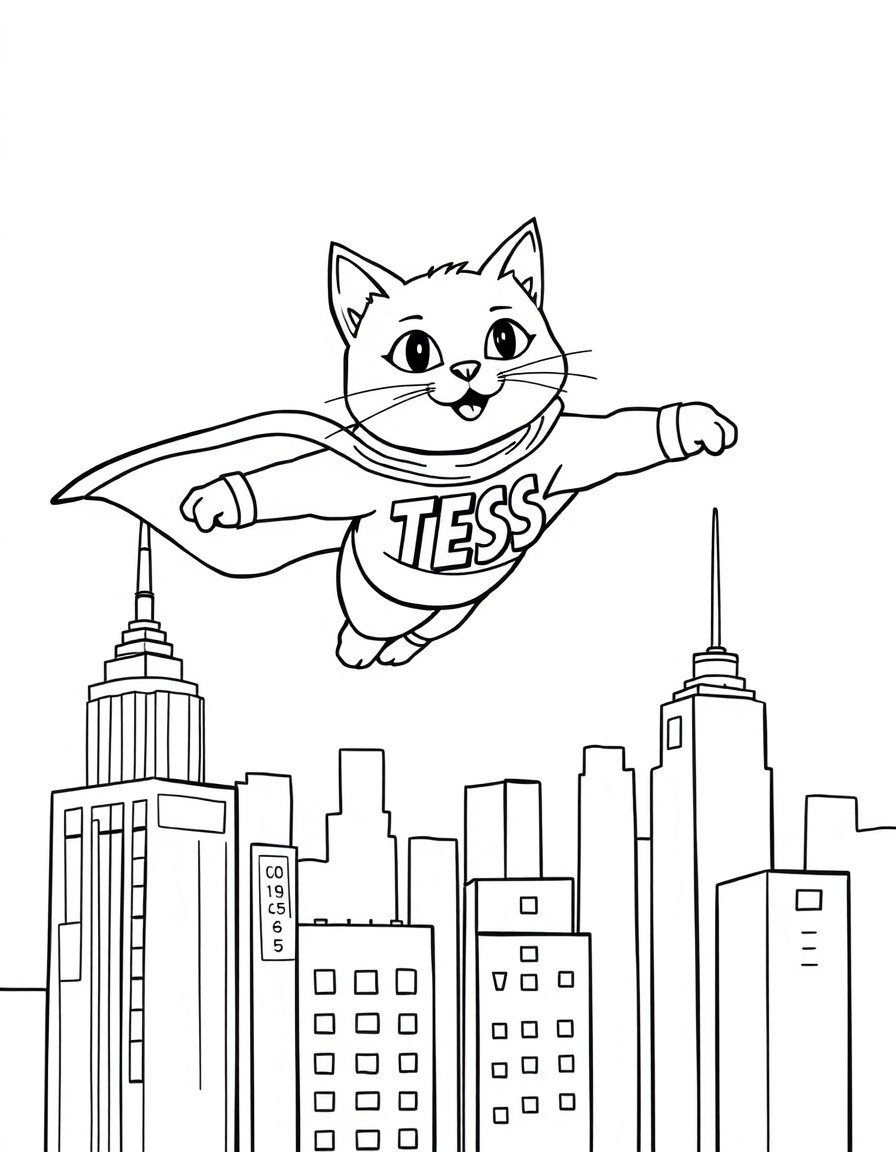 A superhero cat flying above skyscrapers with a cape that displays 'TESS'