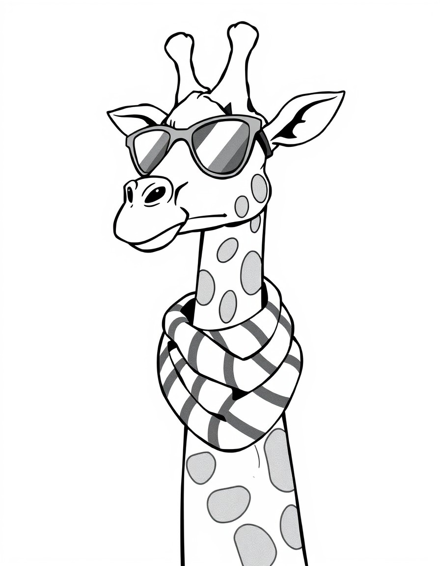 A funky giraffe wearing sunglasses and a striped scarf