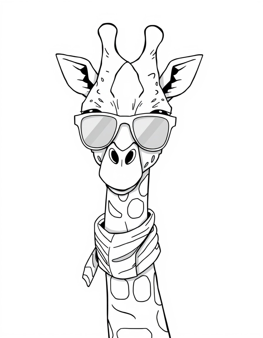 A funky giraffe wearing sunglasses and a striped scarf