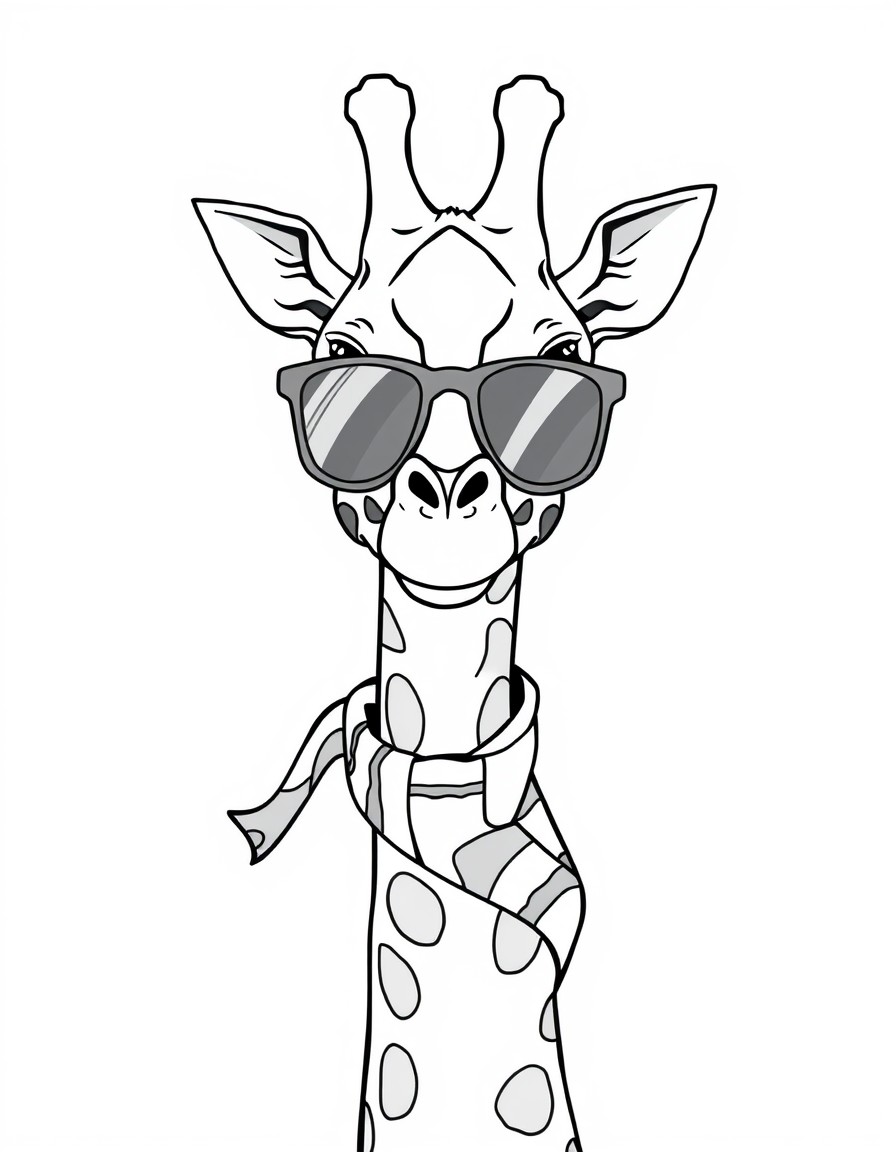 A funky giraffe wearing sunglasses and a striped scarf