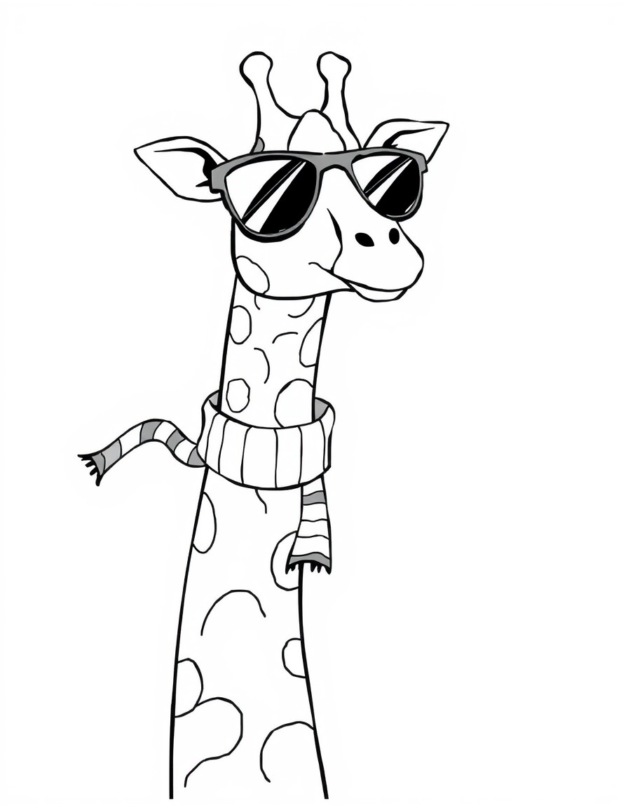 A funky giraffe wearing sunglasses and a striped scarf