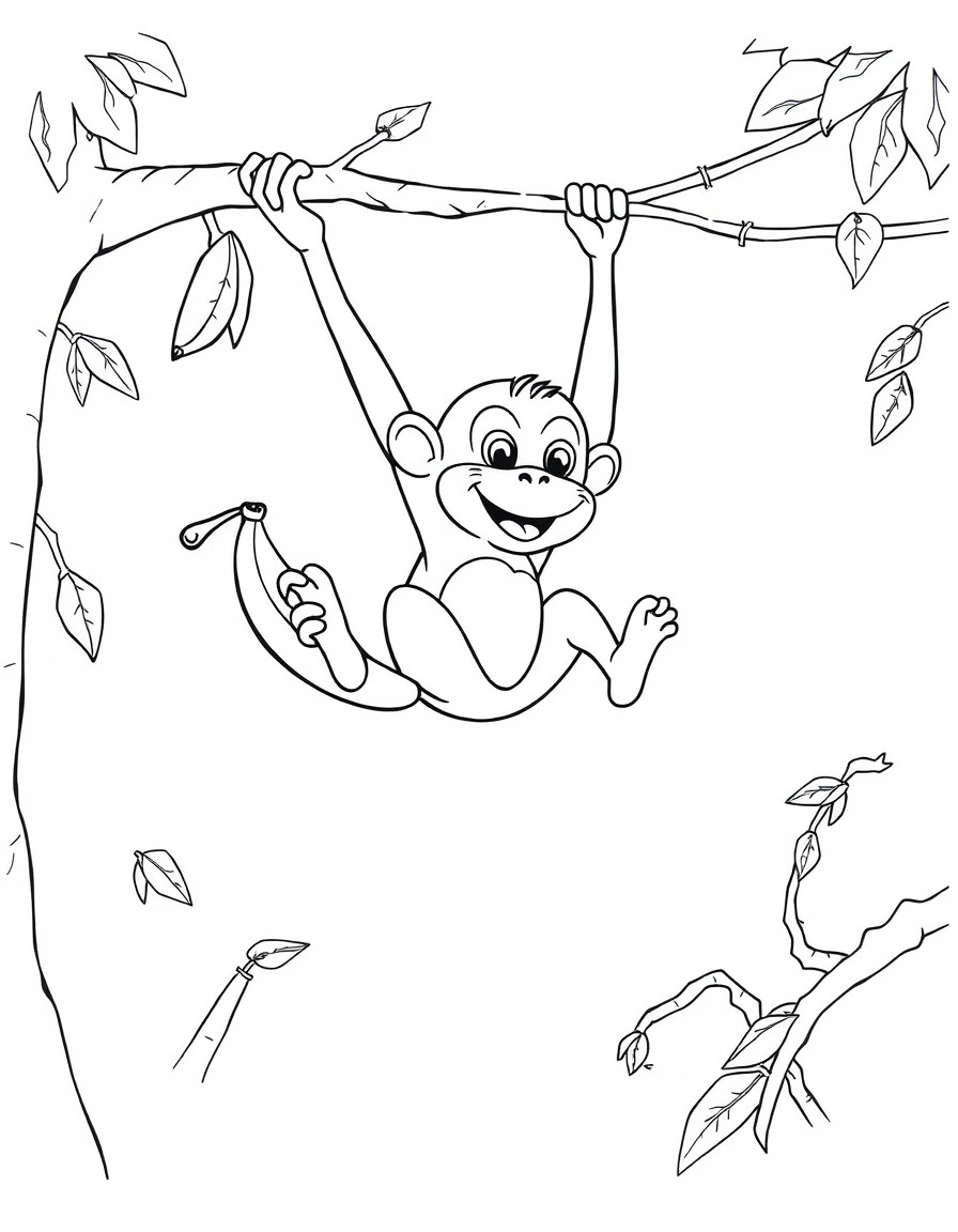 A playful monkey swinging from a vine holding a banana, with a simple jungle background of trees and vines.