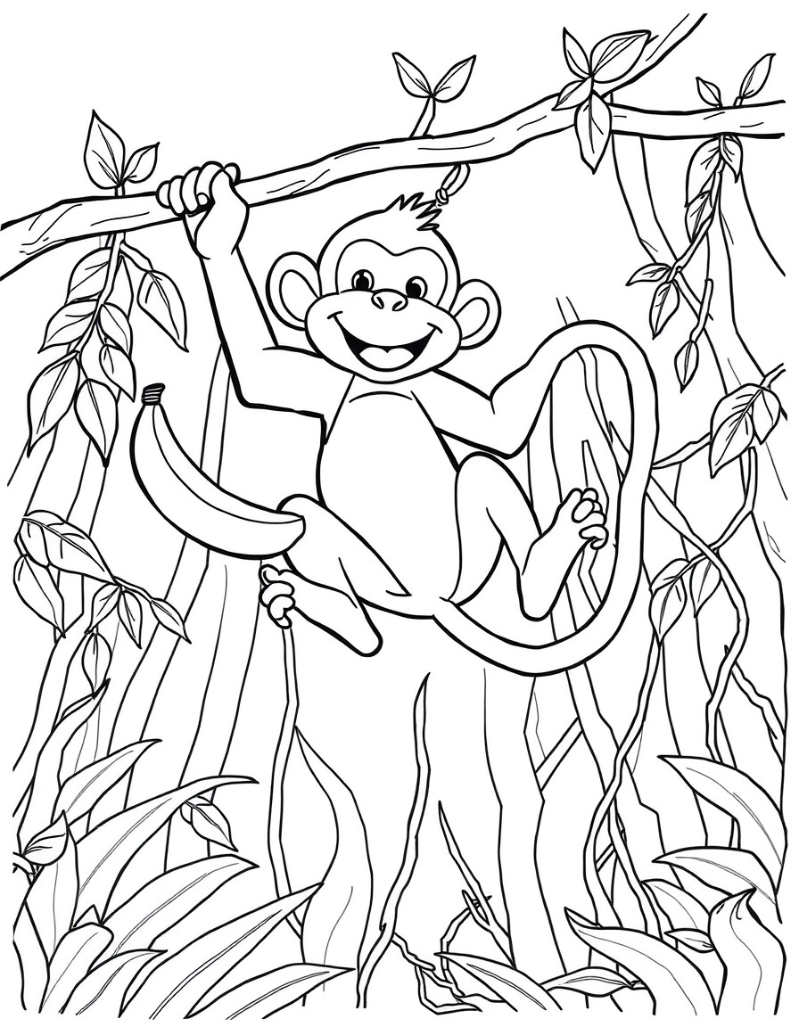 A playful monkey swinging from a vine holding a banana, with a simple jungle background of trees and vines.