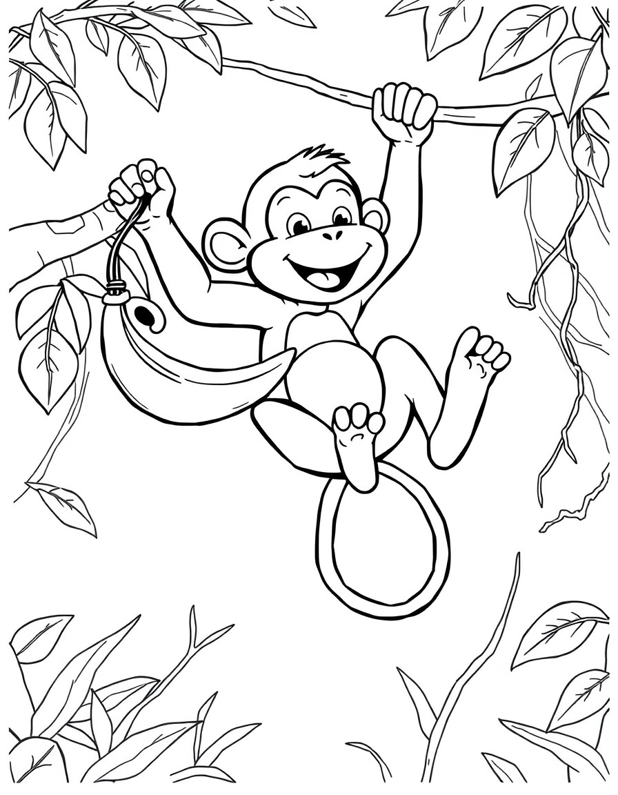 A playful monkey swinging from a vine holding a banana, with a simple jungle background of trees and vines.