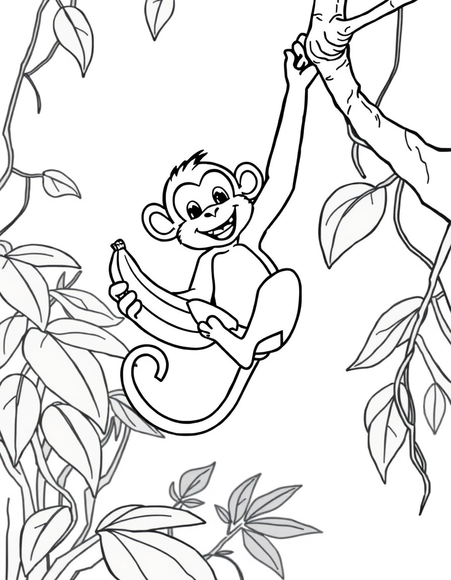 A playful monkey swinging from a vine holding a banana, with a simple jungle background of trees and vines.