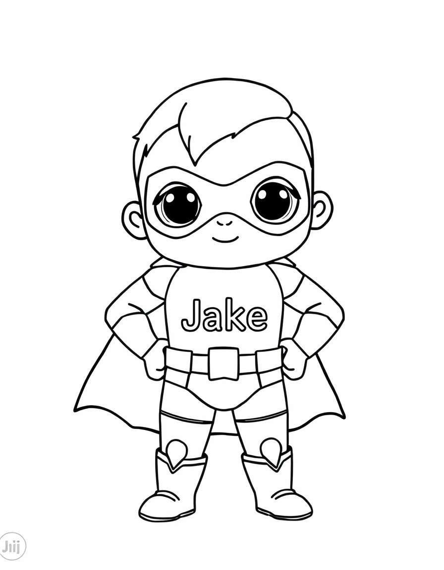 Cute tiny superhero with the text 'Jake" on his chest