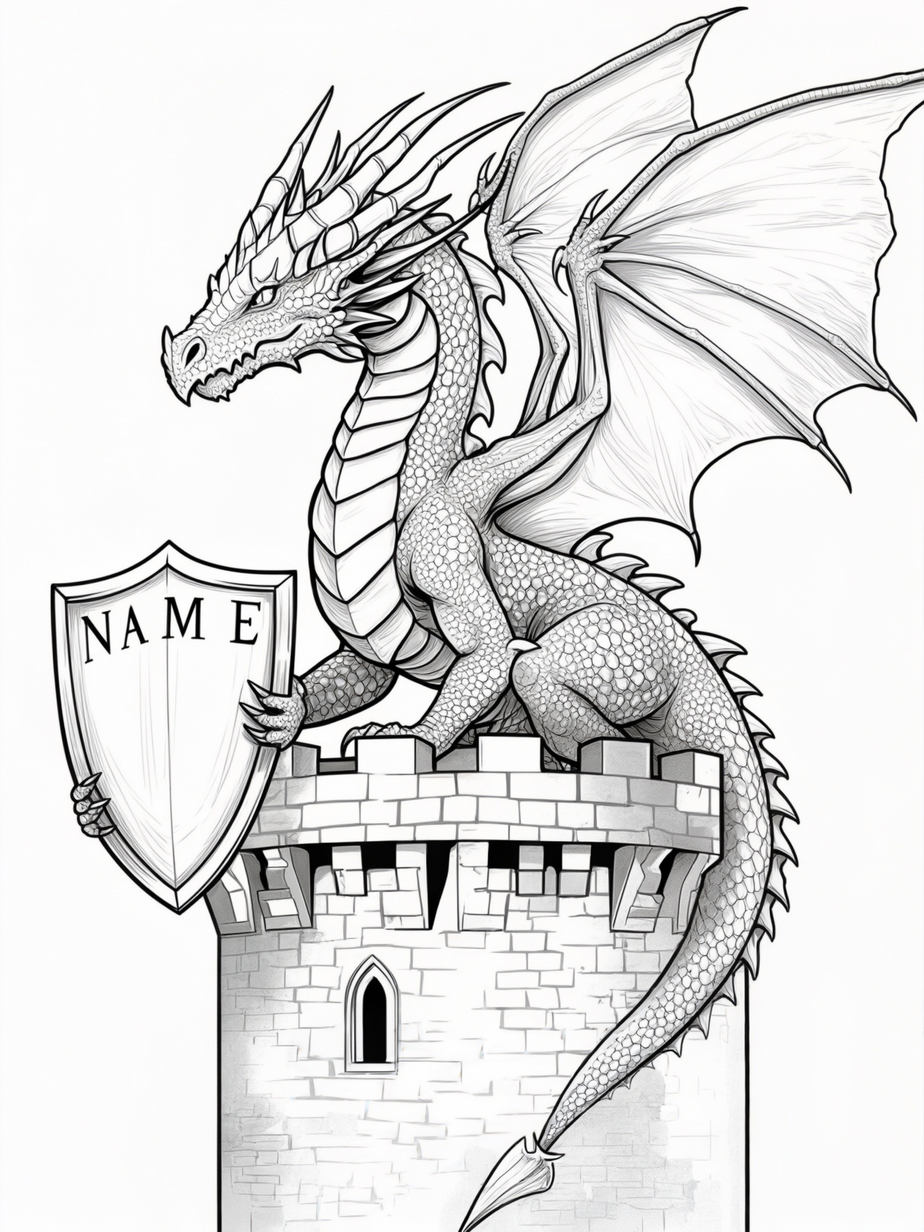 A majestic dragon perched on a castle tower holding a shield that reads 'NAME'