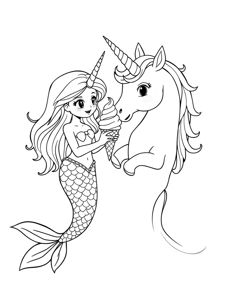 A mermaid and a unicorn sharing ice cream cones