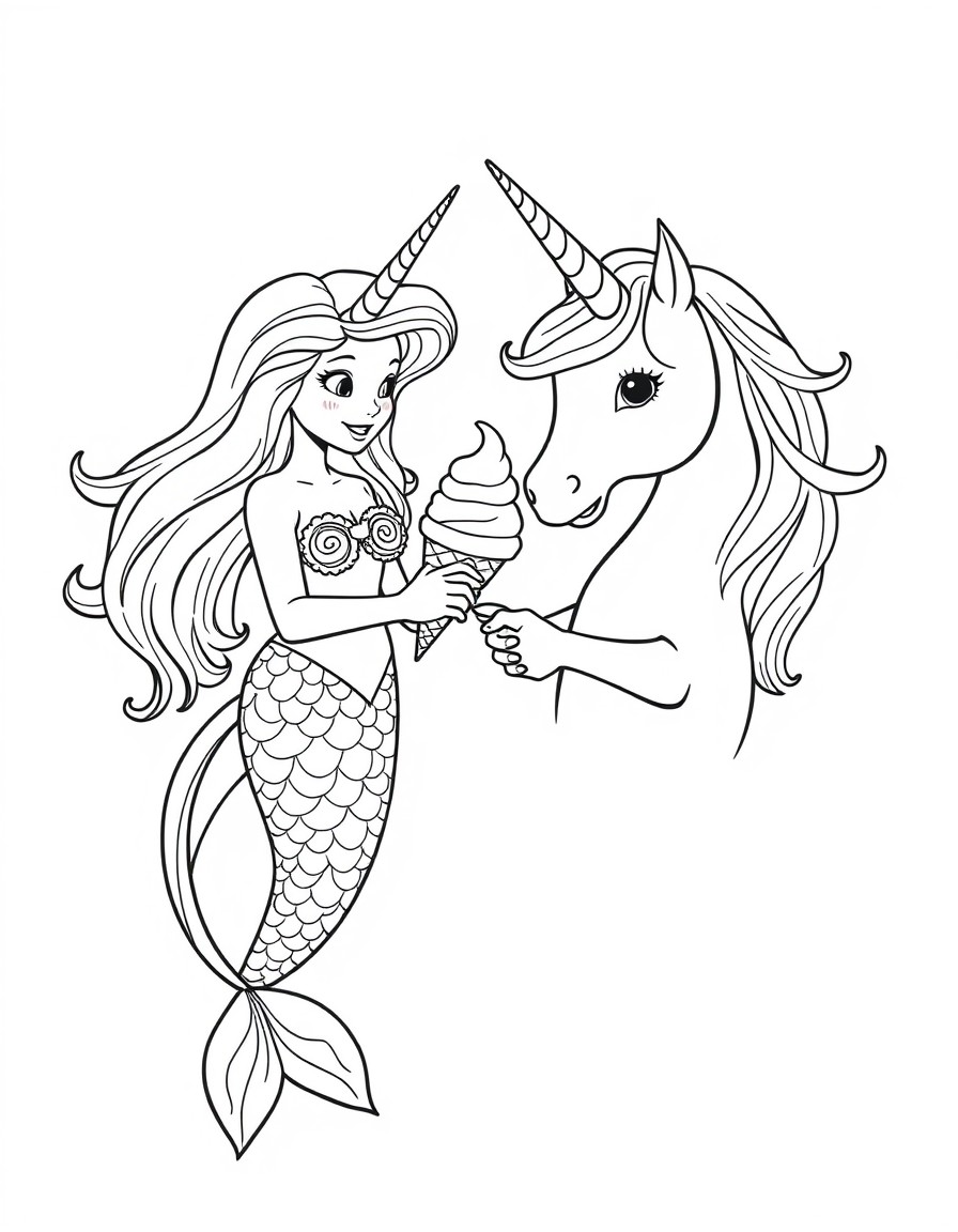 A mermaid and a unicorn sharing ice cream cones