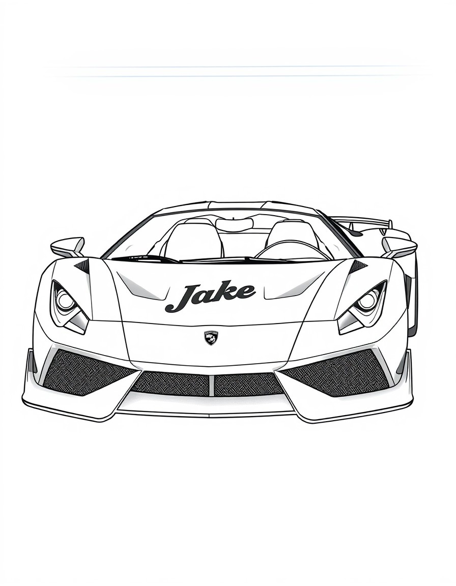 A supercar parked under neon lights with a sleek logo on the hood that shows 'Jake'