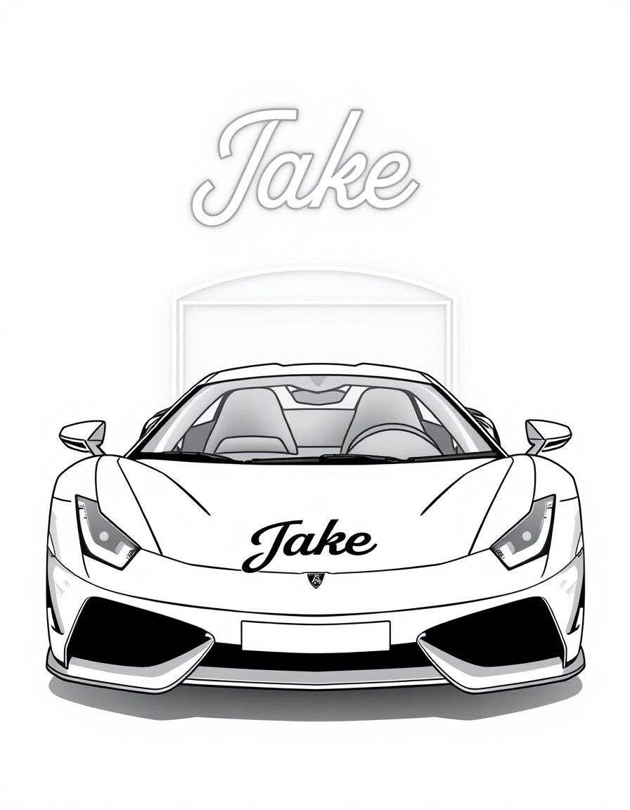 A supercar parked under neon lights with a sleek logo on the hood that shows 'Jake'