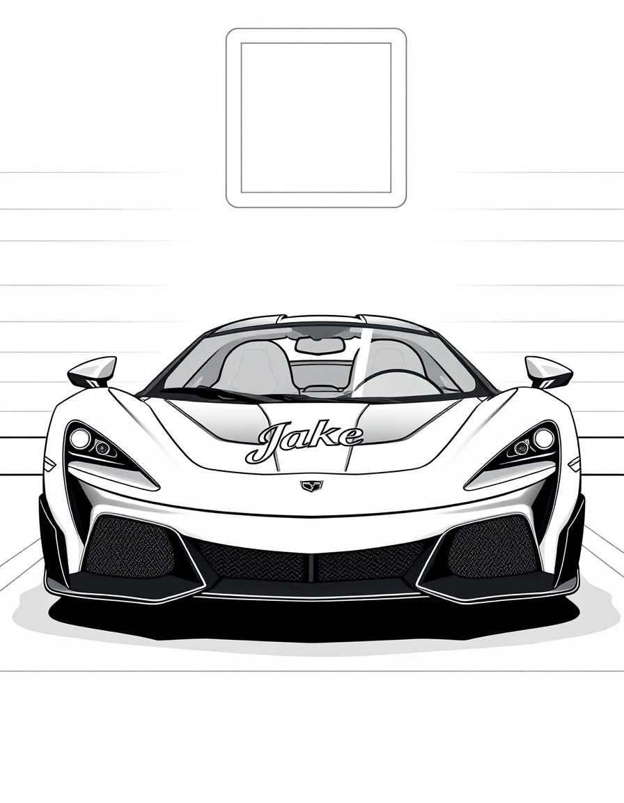 A supercar parked under neon lights with a sleek logo on the hood that shows 'Jake'