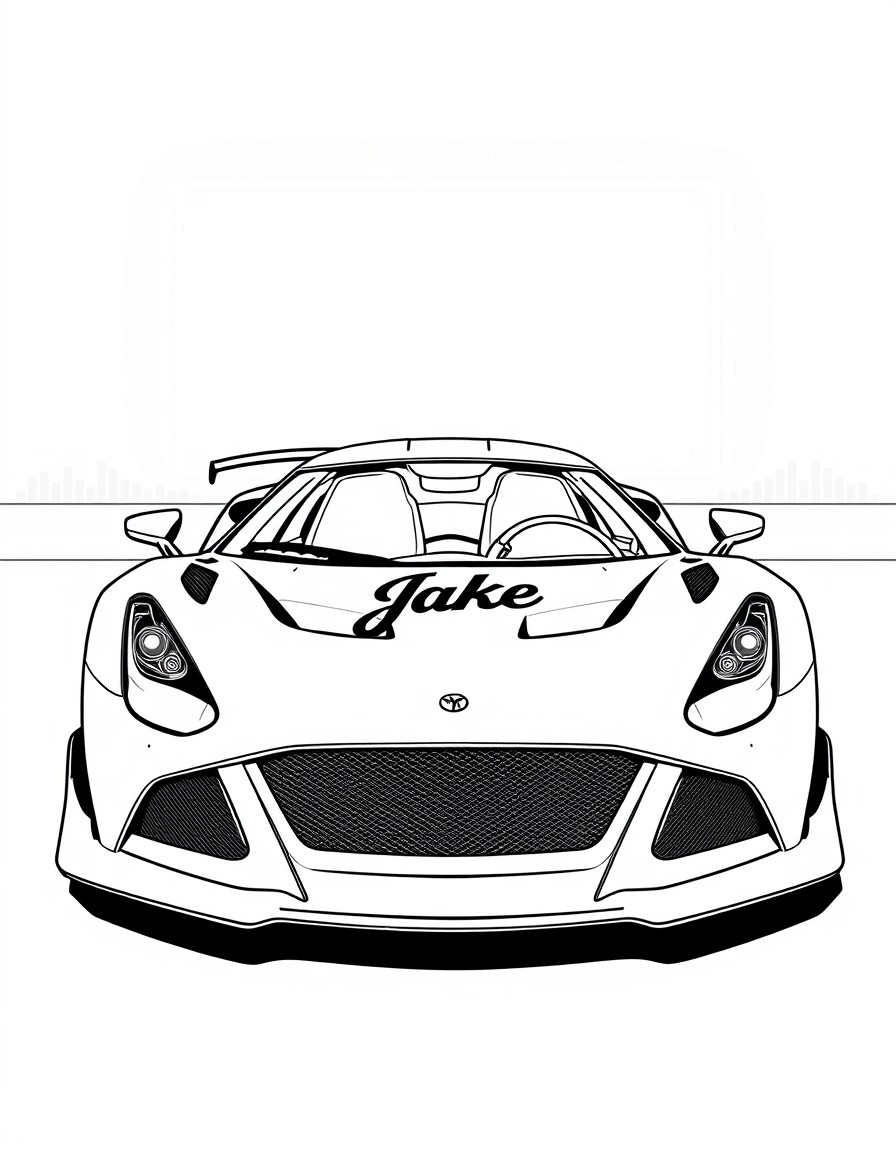 A supercar parked under neon lights with a sleek logo on the hood that shows 'Jake'