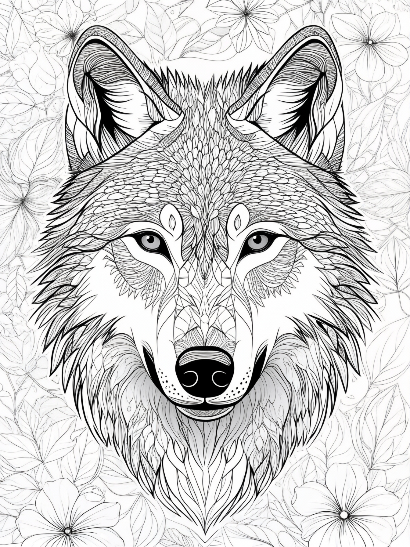 Create a coloring page with a wolf face, its fur will be made up of many small details, and its background will have leaves and flowers