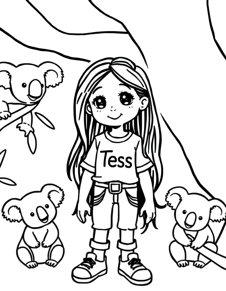 Cute 8 year old girl with long hair with the name Tess on her shirt in the zoo taking care of koalas.