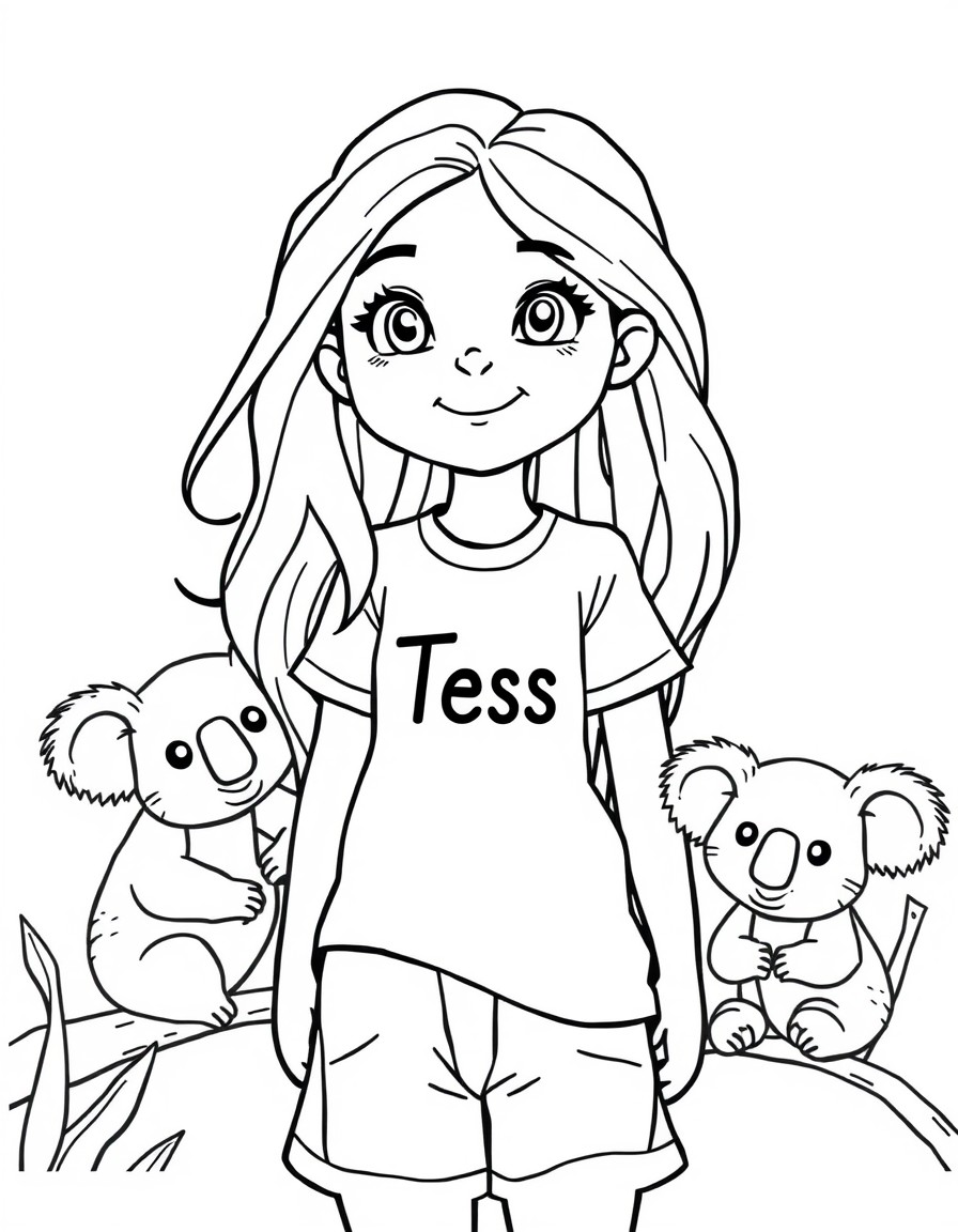 Cute 8 year old girl with long hair with the name Tess on her shirt in the zoo taking care of koalas.